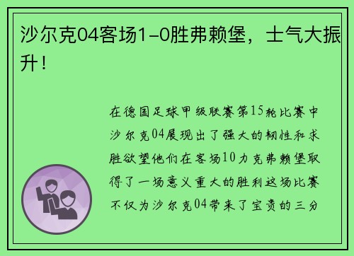 沙尔克04客场1-0胜弗赖堡，士气大振升！