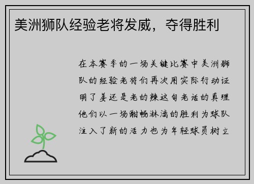 美洲狮队经验老将发威，夺得胜利